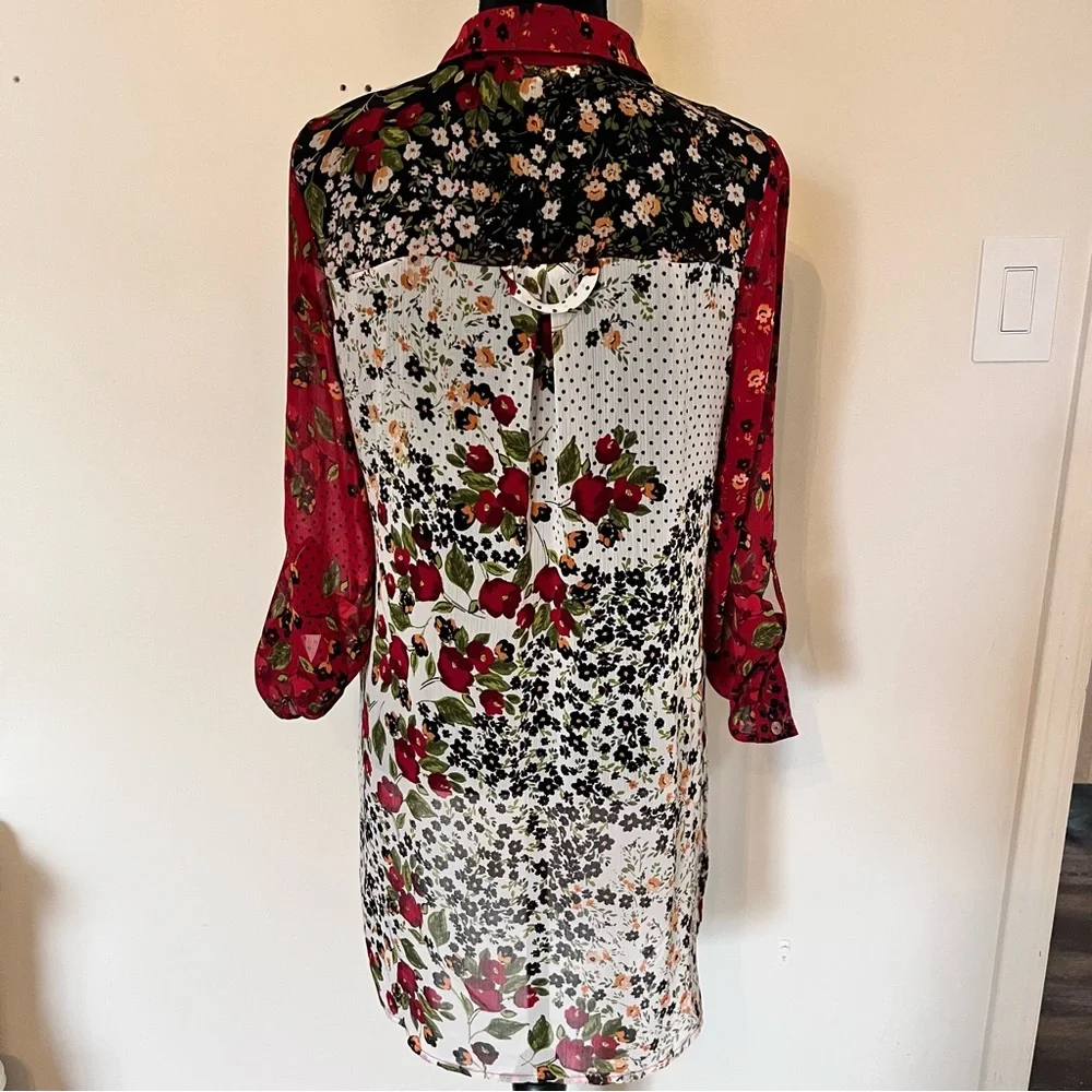 HOPE SPRINGS Tunic Blouse Patchwork Top  Floral Sheer Long Sleeve Size M - Picture 2 of 8
